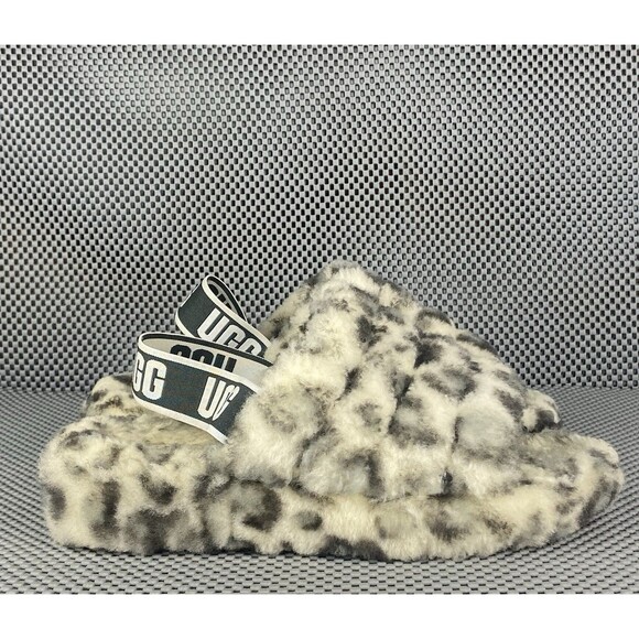 UGG Fluff Yeah Slides Slippers Womens 8 Leopard Animal Print Elastic Slingback - Picture 1 of 12